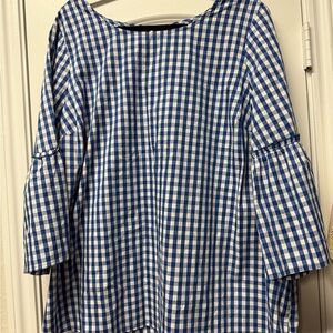 Blue & White Gingham Bell Sleeve Blouse – Size 1X – Cottagecore Boho
